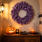 Wreaths for Front Door 22 Inch Purple Glitter Artificial Wreath with Black Grass, Elegant Spooky Door Wreath for, alternate