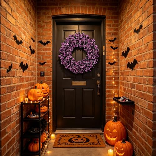 Wreaths for Front Door 22 Inch Purple Glitter Artificial Wreath with Black Grass, Elegant Spooky Door Wreath for, alternate