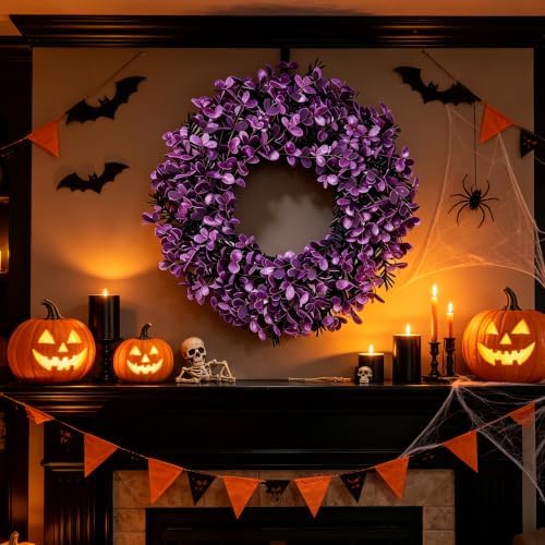 Wreaths for Front Door 22 Inch Purple Glitter Artificial Wreath with Black Grass, Elegant Spooky Door Wreath for, alternate