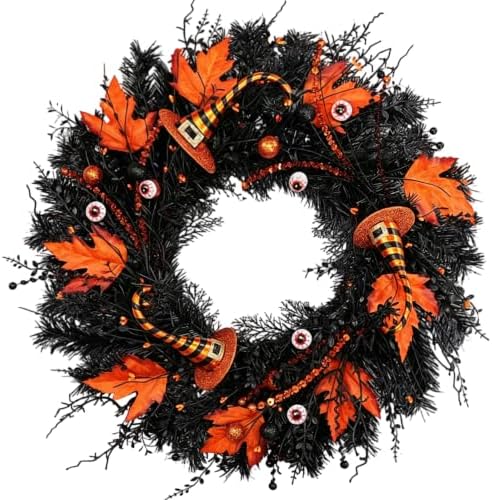 Wreaths for Front Door 24 Inch, Black Spooky Door Wreath with Witch Hats, Eyeballs, Orange Maple Leaves &