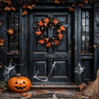 Wreaths for Front Door 24 Inch, Black Spooky Door Wreath with Witch Hats, Eyeballs, Orange Maple Leaves &, alternate view 2