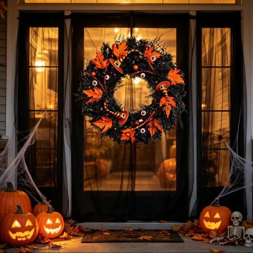 Wreaths for Front Door 24 Inch, Black Spooky Door Wreath with Witch Hats, Eyeballs, Orange Maple Leaves &, alternate view 3