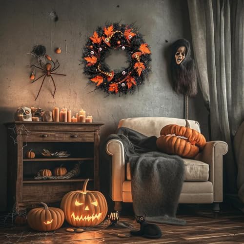 Wreaths for Front Door 24 Inch, Black Spooky Door Wreath with Witch Hats, Eyeballs, Orange Maple Leaves &, alternate view 4