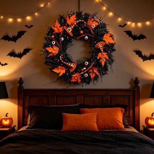 Wreaths for Front Door 24 Inch, Black Spooky Door Wreath with Witch Hats, Eyeballs, Orange Maple Leaves &, alternate view 7