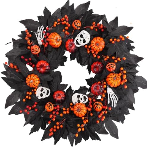 Wreaths for Front Door 24 Inch Gothic Black Door Wreath with Jack-o'-Lantern Pumpkin, Skull, Skeleton Hands &