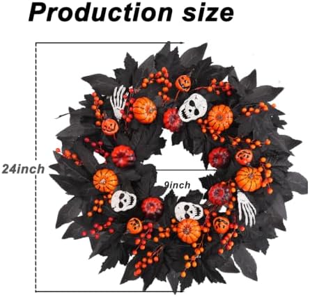Wreaths for Front Door 24 Inch Gothic Black Door Wreath with Jack-o'-Lantern Pumpkin, Skull, Skeleton Hands &, alternate view