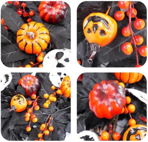 Wreaths for Front Door 24 Inch Gothic Black Door Wreath with Jack-o'-Lantern Pumpkin, Skull, Skeleton Hands &, alternate view