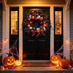 Wreaths for Front Door 24 Inch Gothic Black Door Wreath with Jack-o'-Lantern Pumpkin, Skull, Skeleton Hands &, alternate view