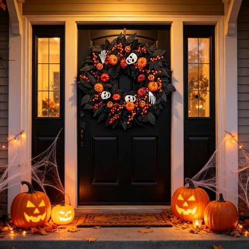 Wreaths for Front Door 24 Inch Gothic Black Door Wreath with Jack-o'-Lantern Pumpkin, Skull, Skeleton Hands &, alternate view