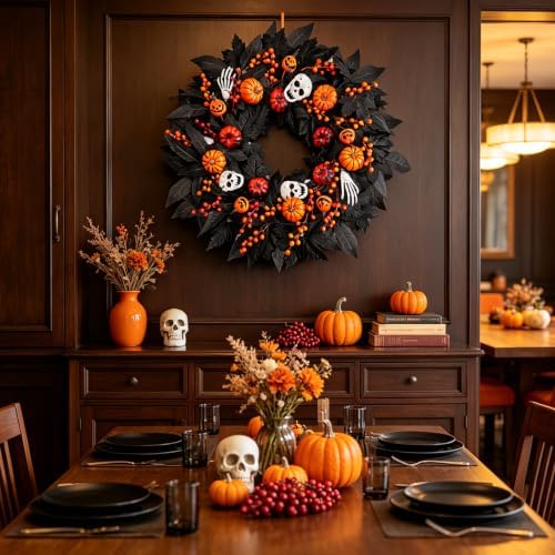 Wreaths for Front Door 24 Inch Gothic Black Door Wreath with Jack-o'-Lantern Pumpkin, Skull, Skeleton Hands &, alternate view