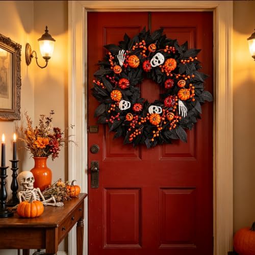 Wreaths for Front Door 24 Inch Gothic Black Door Wreath with Jack-o'-Lantern Pumpkin, Skull, Skeleton Hands &, alternate view