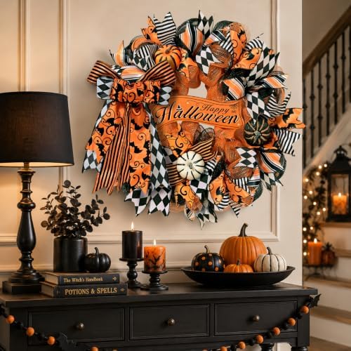 Wreaths for Front Door, Wreath with Ribbon Bow in Orange Black, alternate view 3
