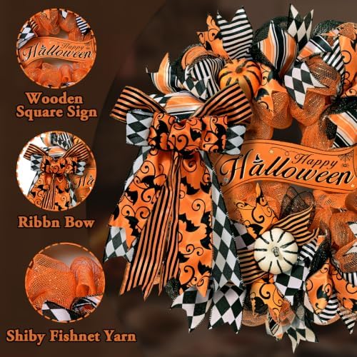 Wreaths for Front Door, Wreath with Ribbon Bow in Orange Black, alternate view 5