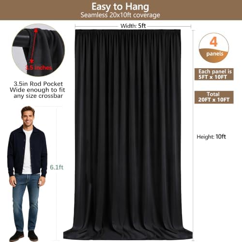 Wrinkle Free Black Backdrop Curtain Drapes 20x10ft, 4-Pack 5x10ft in 10x10ft (W5'xH10', 4 Panels) in Black, alternate view 7