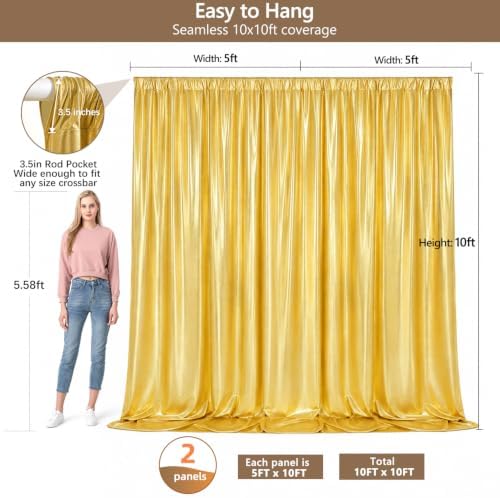 Wrinkle-Free Gold Backdrop Curtain Drapes 10x10ft, 2-Pack 5x10ft in 10x10ft (W5'xH10', 2 Panels) in Gold, alternate view 2