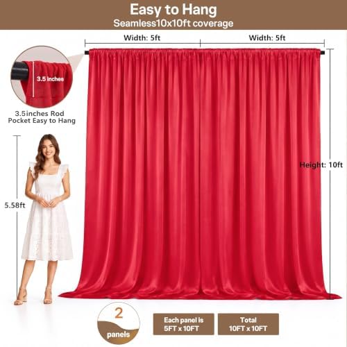 Wrinkle-Free Red Backdrop Curtain Drapes 10x10ft, 2-Pack 5x10ft in 10x10ft (W5'xH10', 2 Panels) in Red, alternate view 3