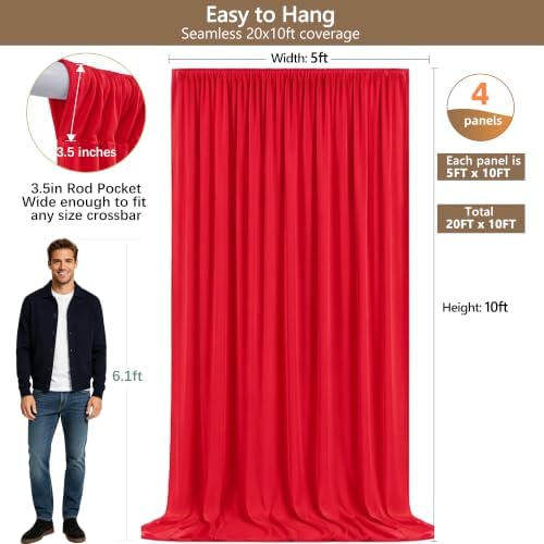 Wrinkle-Free Red Backdrop Curtain Drapes 20x10ft, 4-Pack 5x10ft in 10x10ft (W5'xH10', 4 Panels) in Red, alternate view 3