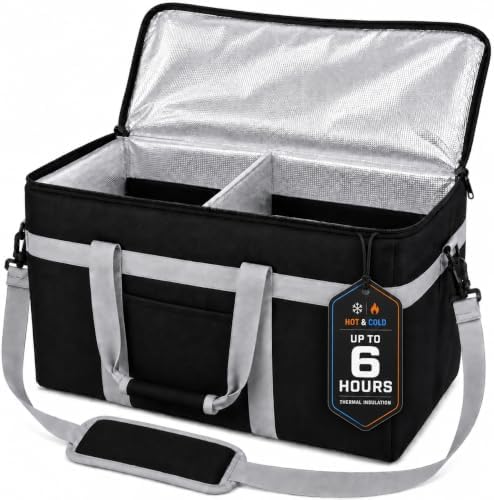 XXXL Insulated Food Delivery Bag with Hard Base and Divider, Black in Black