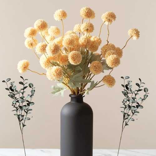 Yellow Flowers Artificial 10 Long Stems Kiku Flower With Eucalyptus in Yellow