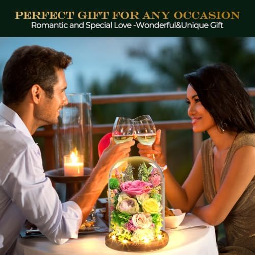 Yellow + Pink Roses - Preserved Real Roses with LED Light in Glass Dome, Perfect Long-Lasting Birthday Gifts for, alternate