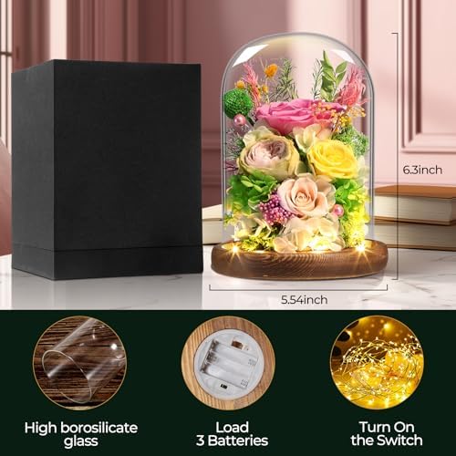 Yellow + Pink Roses - Preserved Real Roses with LED Light in Glass Dome, Perfect Long-Lasting Birthday Gifts for, alternate