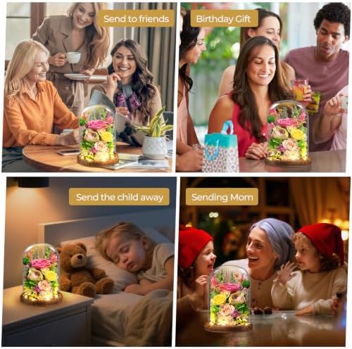 Yellow + Pink Roses - Preserved Real Roses with LED Light in Glass Dome, Perfect Long-Lasting Birthday Gifts for, alternate