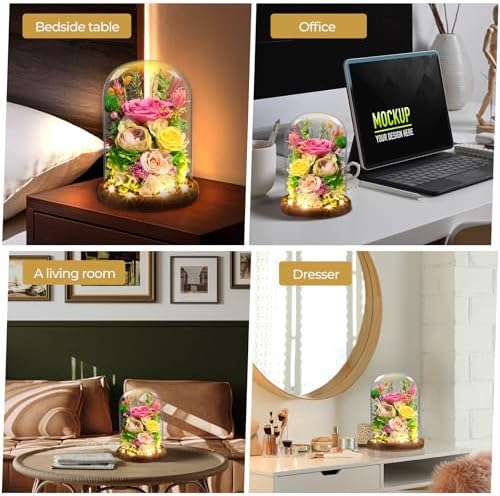 Yellow + Pink Roses - Preserved Real Roses with LED Light in Glass Dome, Perfect Long-Lasting Birthday Gifts for, alternate