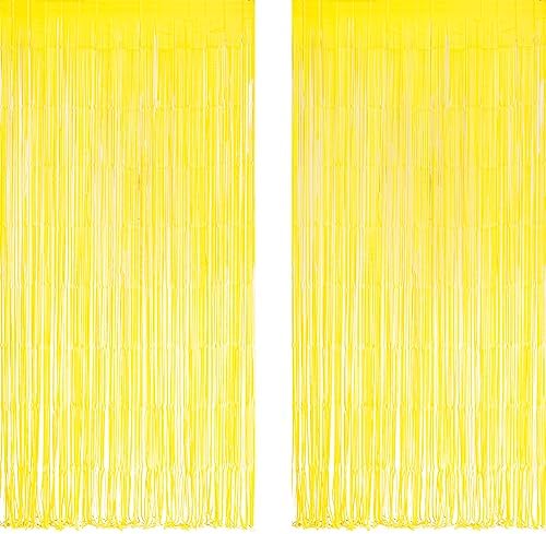 Yellow Streamers Party Backdrop - Foil Fringe for Pineapple/Lemon/Truck/Race Birthdays Party Decoration - 3.2ft