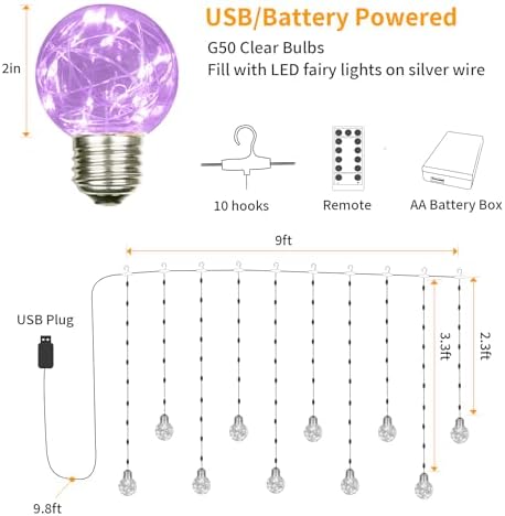 YOLIHT Wishing Ball Curtain String Lights 9.8 x 3.3 ft, USB/Battery Powered in 9.8 x 3.3 ft, alternate view 6