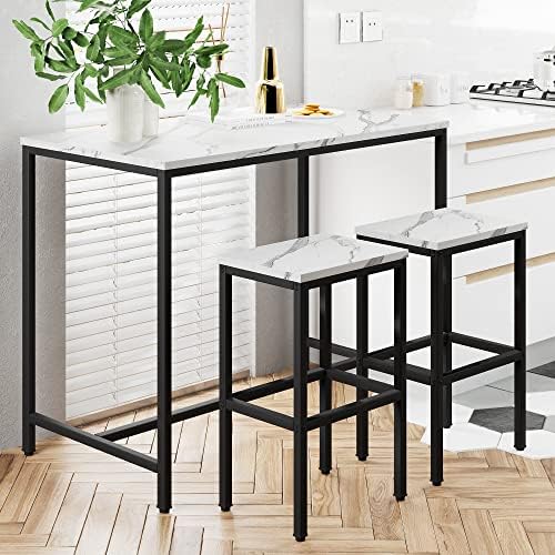 Yongchuang 3 Piece Bar Table and Chairs Set, White Faux Marble Wood Top, alternate view 4