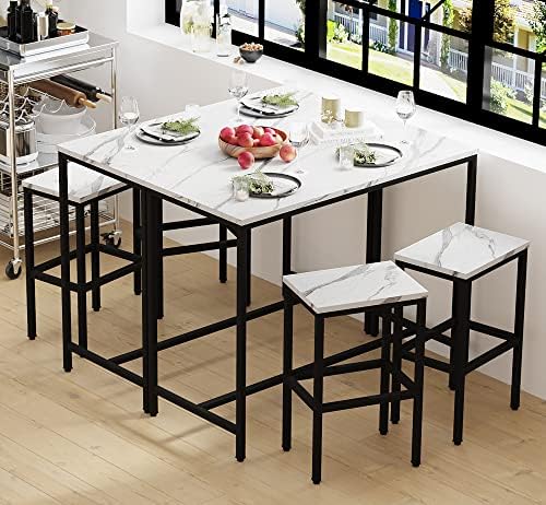 Yongchuang 3 Piece Bar Table and Chairs Set, White Faux Marble Wood Top, alternate view 6