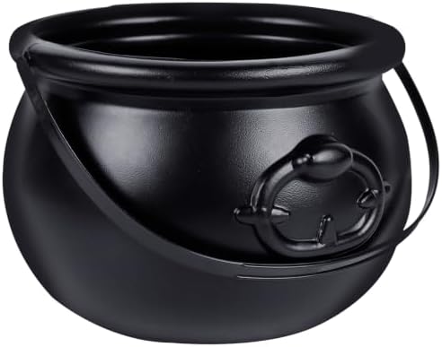 Zcaukya Halloween Large Cauldron, 7.4" Black Plastic Witch Pot with Handle, Vintage Cauldron Candy Bowl for